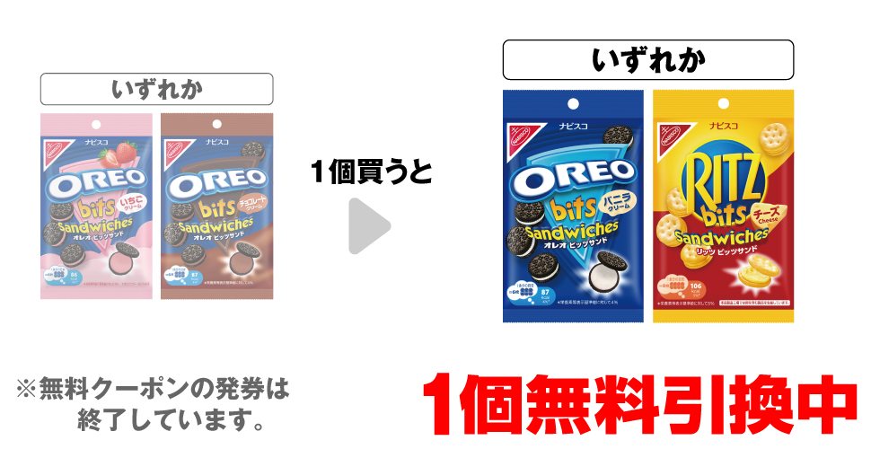 「オレオ ビッツサンド いちご」「オレオ ビッツサンド チョコレート」いずれか1個買うと、「オレオ ビッツサンド バニラ」「リッツ ビッツサンド チーズ」いずれか1個無料引換中 ※無料クーポンの発券は終了しています。