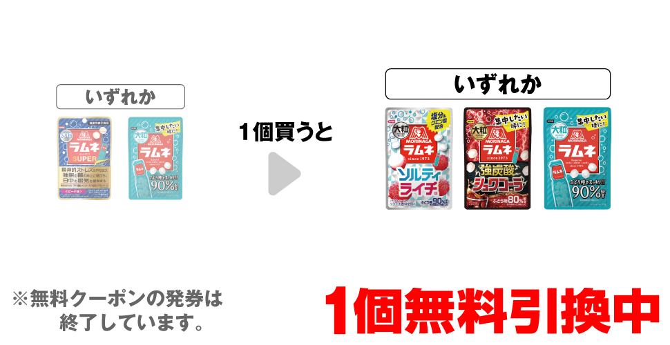 「森永 大粒ラムネSUPER ピーチ味」「森永 大粒ラムネ」いずれか1個買うと、「森永 大粒ラムネ ソルティライチ」「森永 大粒ラムネ 強炭酸シュワコーラ」「森永 大粒ラムネ」いずれか1個無料引換中 ※無料クーポンの発券は終了しています。