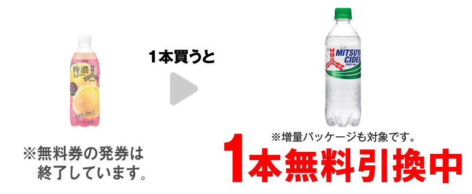 「三ツ矢特濃ピンクグレープフルーツスカッシュ 500ml」を1本買うと、「三ツ矢サイダー 500ml※増量パッケージも対象です。」1本無料引換中 ※無料券の発券は終了しています。