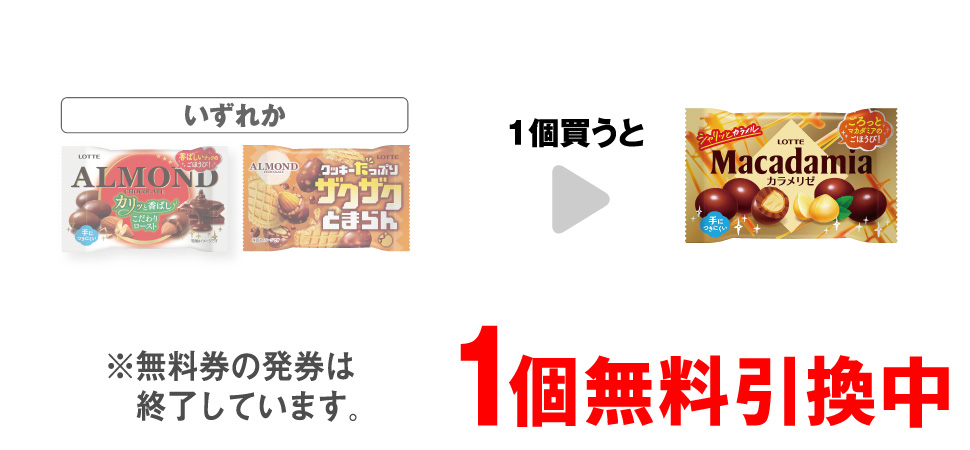 「ロッテ アーモンド ポップジョイ」「ザクザクとまらん アーモンドチョコ ポップジョイ」いずれか1個買うと、「ロッテ マカダミア ポップジョイ」1個無料引換中 ※無料券の発券は終了しています。