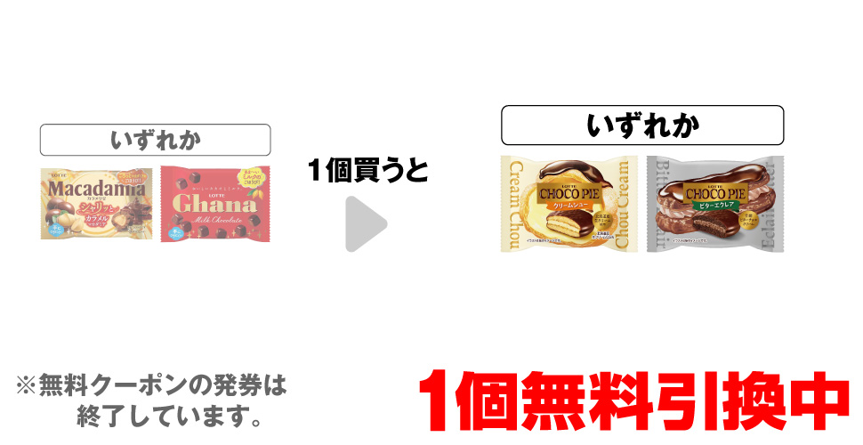「ロッテ マカダミア ポップジョイ」「ロッテ ガーナ ポップジョイ」いずれか1個買うと、「ロッテ チョコパイ クリームシュー」「ロッテ チョコパイ ビターエクレア」いずれか1個無料引換中 ※無料クーポンの発券は終了しています。