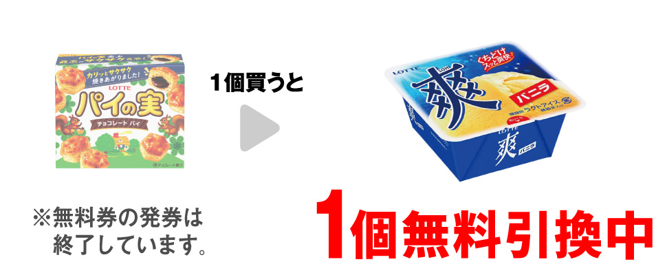 「ロッテ パイの実」を1個買うと、「ロッテ 爽バニラ」1個無料引換中 ※無料券の発券は終了しています。