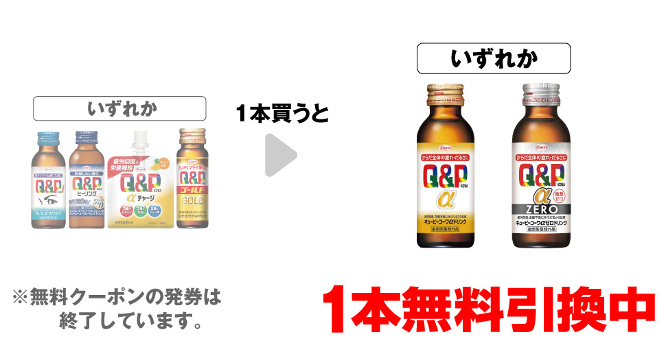 「興和 キューピーコーワ iドリンク 100mL」「興和 キューピーコーワ ヒーリングドリンク 100mL」「興和 キューピーコーワ αチャージ 100mL」「興和 キューピーコーワ ゴールドドリンク2 50mL」「z」いずれか1本買うと、「興和 キューピーコーワ αドリンク 100mL」「興和 キューピーコーワ αゼロドリンク 100mL」いずれか1本無料引換中 ※無料クーポンの発券は終了しています。