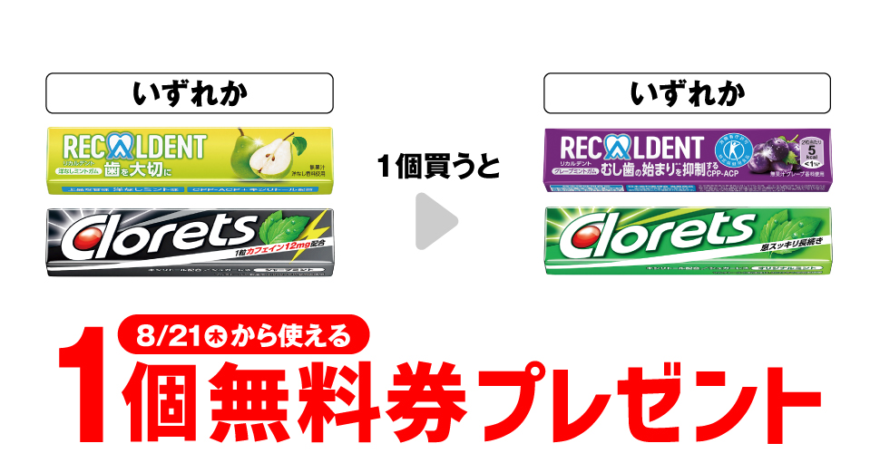 「リカルデント 洋なしミント」「クロレッツXP シャープミント」いずれか1個買うと、「リカルデント グレープミント」「クロレッツXP オリジナルミント」いずれか1個無料券プレゼント8月21日（木）から使える。