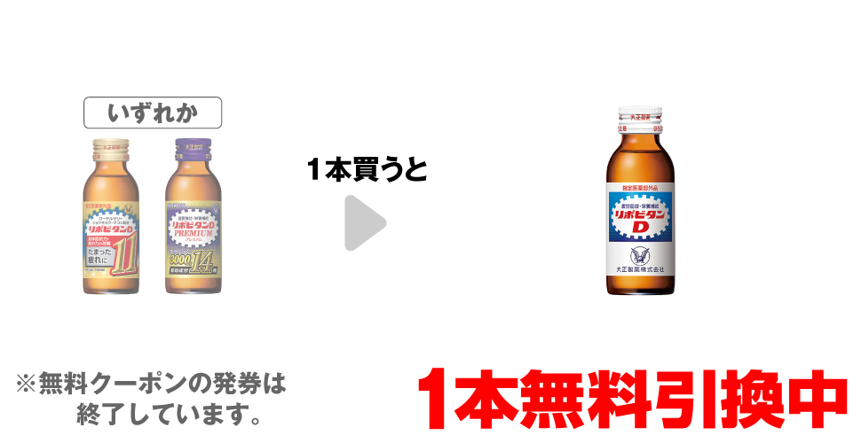 「大正製薬 リポビタンD11 100mL」「大正製薬 リポビタンD プレミアム 100mL」いずれか1本買うと、「大正製薬 リポビタンD 100mL」1本無料引換中 ※無料クーポンの発券は終了しています。