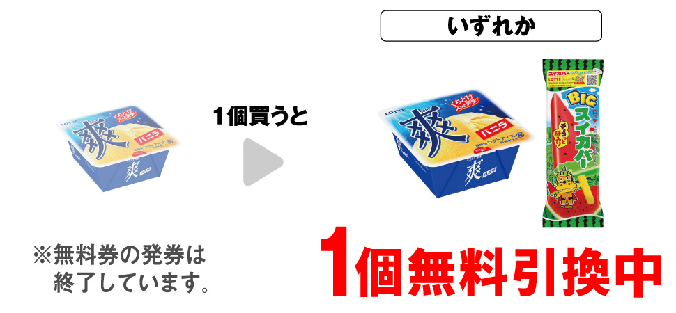 「ロッテ 爽 バニラ」を1個買うと、「ロッテ 爽 バニラ」「ロッテ BIGスイカバー」いずれか1個無料引換中 ※無料券の発券は終了しています。
