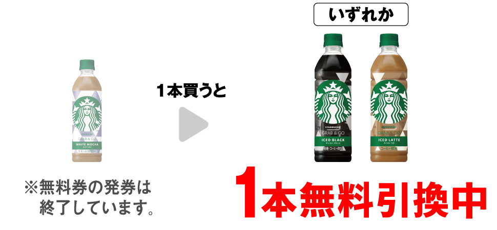 「スターバックス ホワイトモカ 500ml」を1本買うと、「スターバックス ICEDBLACK 500ml」「スターバックス ICEDLATTE 500ml 」いずれか1本無料引換中 ※無料券の発券は終了しています。