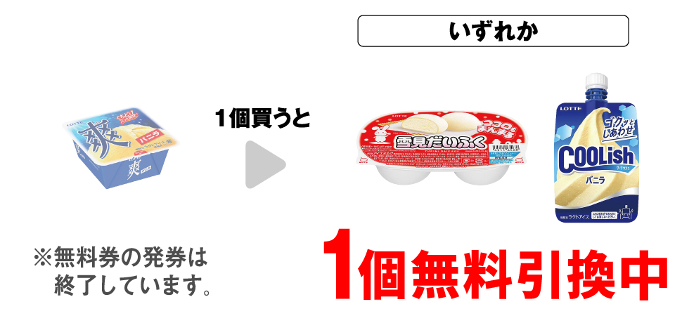 「ロッテ 爽 バニラ」を1個買うと、「ロッテ 雪見だいふく」「ロッテ クーリッシュ バニラ」いずれか1個無料引換中 ※無料券の発券は終了しています。