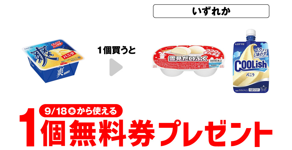 「ロッテ 爽 バニラ」を1個買うと、「ロッテ 雪見だいふく」「ロッテ クーリッシュ バニラ」いずれか1個無料券プレゼント9月18日（木）から使える。