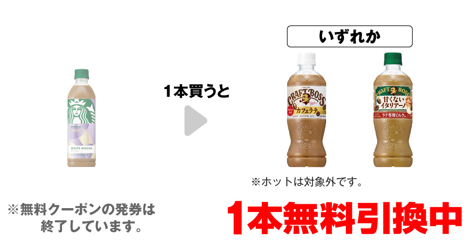 「スターバックス ホワイトモカ 500ml」を1本買うと、「サントリー クラフトボス ラテ 500ml※ホットは対象外です。」「サントリー クラフトボス 甘くないイタリアーノ 500ml」いずれか1本無料引換中 ※無料クーポンの発券は終了しています。