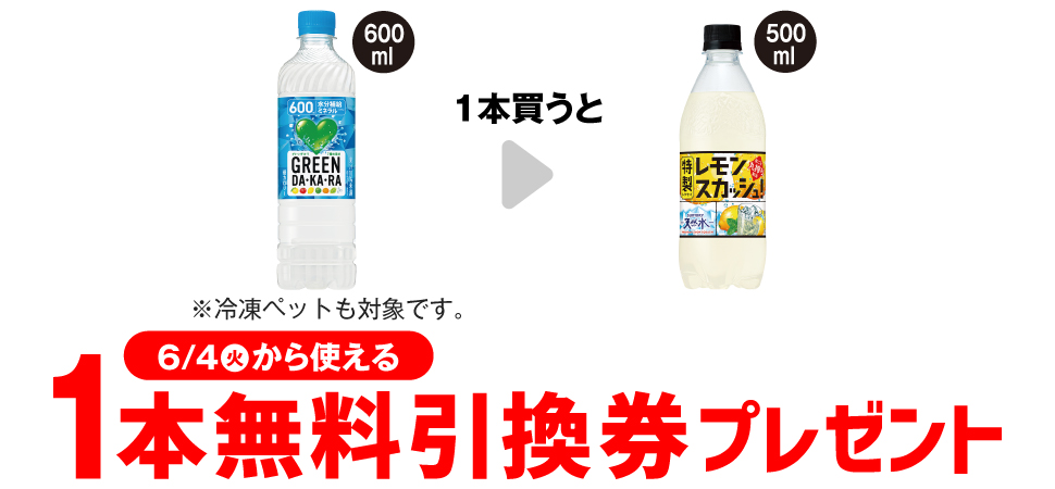 「サントリー GREEN DA・KA・RA 600ml ※冷凍ペットも対象です。」を1本買うと、「サントリー 天然水 特製レモンスカッシュ 500ml」1本無料引換券プレゼント 6月4日（火）から使える。