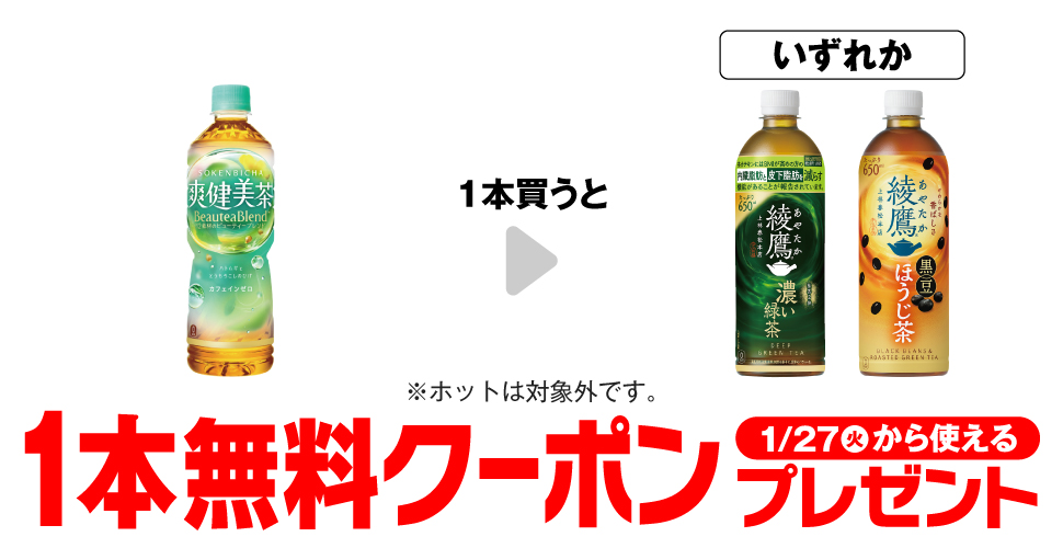 「爽健美茶 600ml※ホットは対象外です。」を1本買うと、「綾鷹 濃い緑茶 650ml※ホットは対象外です。」「綾鷹 黒豆ほうじ茶 650ml※ホットは対象外です。」いずれか1本無料クーポンプレゼント1月27日（火）から使える。