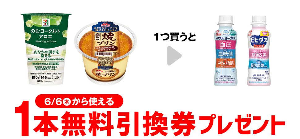 「７プレミアム のむヨーグルト アロエ」または「森永 焼プリン」を1つ買うと、「森永 トリプルヨーグルト 砂糖不使用」または「ビヒダス ヨーグルト 便通改善ドリンク」1本無料引換券プレゼント 6月6日（木）から使える。