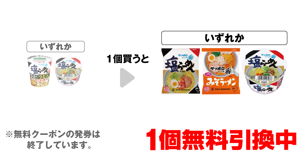 「サッポロ一番 塩らーめん まさかのうどん!?」「サッポロ一番 塩らーめん ミニどんぶり」いずれか1個買うと、「サッポロ一番 塩らーめん」「サッポロ一番 みそラーメン」「サッポロ一番 塩らーめん ミニどんぶり」いずれか1個無料引換中 ※無料クーポンの発券は終了しています。