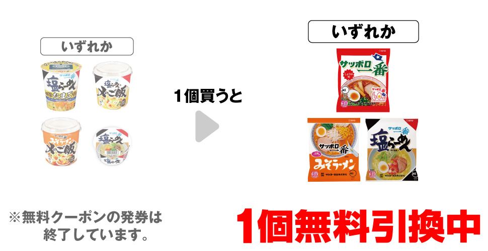 「サッポロ一番 塩らーめん やっぱりたまごでしょ!」「サッポロ一番 塩らーめん味〆のご飯」「サッポロ一番 みそラーメン味〆のご飯」「サッポロ一番 塩らーめん ミニどんぶり」いずれか1個買うと、「サッポロ一番 しょうゆ味」「サッポロ一番 みそラーメン」「サッポロ一番 塩らーめん」いずれか1個無料引換中 ※無料クーポンの発券は終了しています。