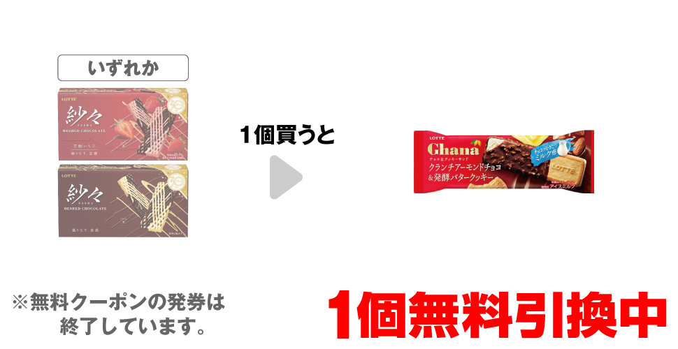 「ロッテ 紗々 芳醇いちご」「ロッテ 紗々」いずれか1個買うと、「ロッテ ガーナチョコ クッキーサンド」1個無料引換中 ※無料クーポンの発券は終了しています。