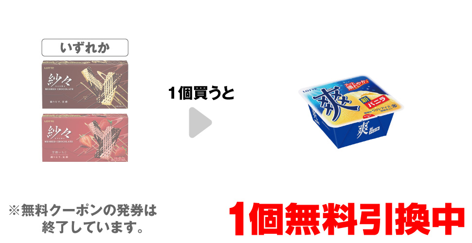 「ロッテ 紗々」「ロッテ 紗々 芳醇いちご」いずれか1個買うと、「ロッテ 爽 バニラ」1個無料引換中 ※無料クーポンの発券は終了しています。