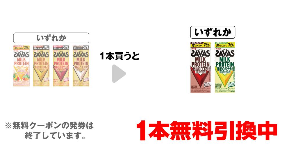 「ザバスミルクプロテイン イエローベジタブル 200ml」「ザバスミルクプロテイン キャラメル風味 200ml」「ザバスミルクプロテイン ストロベリー風味 200ml」「ザバスミルクプロテイン アーモンド風味 200ml」いずれか1本買うと、「ザバスミルクプロテイン ココア風味 200ml」「ザバスミルクプロテイン バナナ 200ml」いずれか1本無料引換中 ※無料クーポンの発券は終了しています。