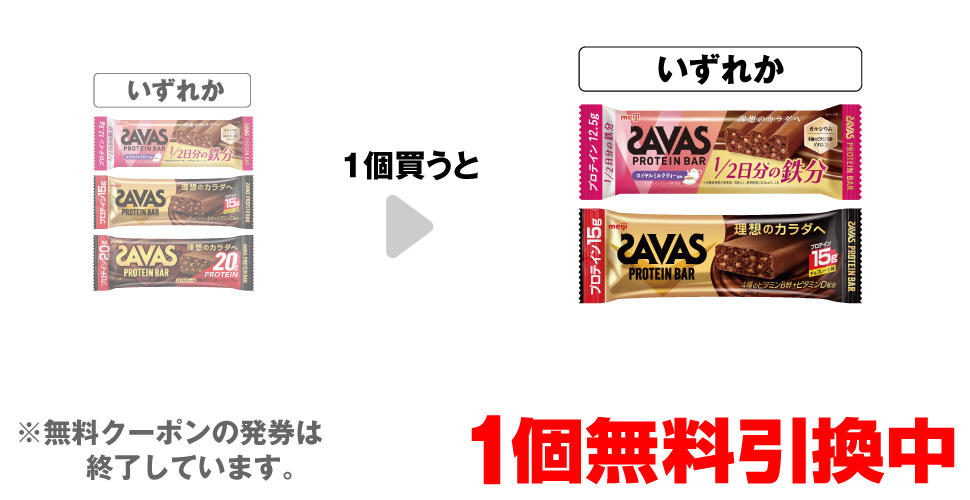 「明治 ザバスプロテインバー ロイヤルミルクティー」「明治 ザバスプロテインバー チョコレート」「明治 ザバスプロテインバー ミルクチョコレート」いずれか1個買うと、「明治 ザバスプロテインバー ロイヤルミルクティー」「明治 ザバスプロテインバー チョコレート」いずれか1個無料引換中 ※無料クーポンの発券は終了しています。