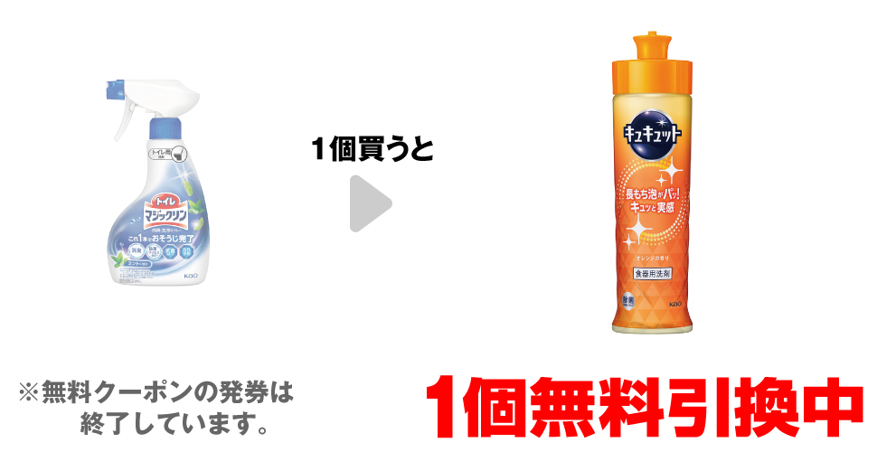 「トイレマジックリン 本体 350ml※旧パッケージも対象です。」を1個買うと、「キュキュットオレンジ 本体 220ml」1個無料引換中 ※無料クーポンの発券は終了しています。