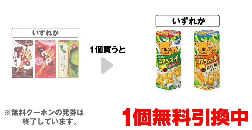 「ロッテ トッポ」「ロッテ トッポ ザ・ストロベリー」「ロッテ トッポ 厳選香る抹茶」「 」いずれか1個買うと、「ロッテ コアラのマーチ チョコレート」「ロッテ コアラのマーチ 全粒粉in旨ビス」いずれか1個無料引換中 ※無料クーポンの発券は終了しています。