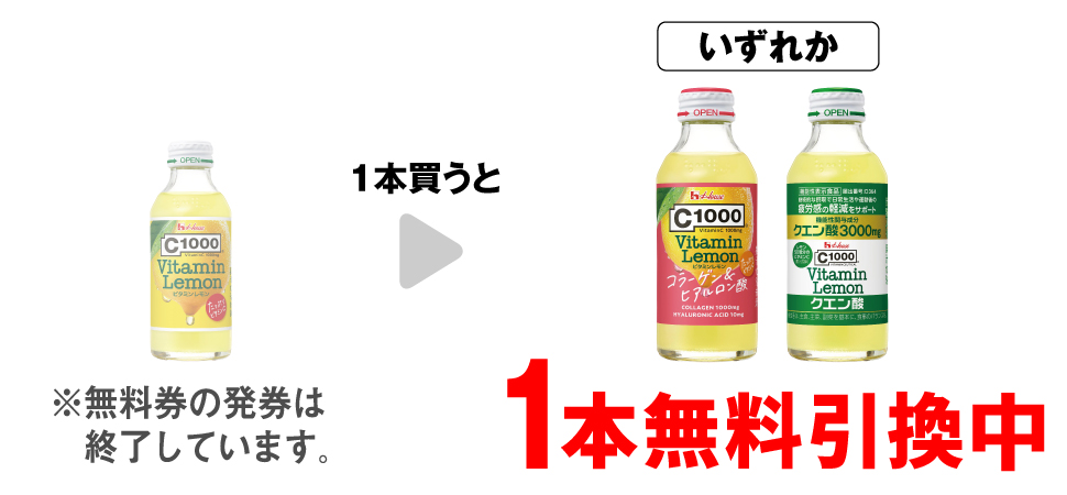 「C1000 ビタミンレモン 140ml」を1本買うと、「C1000 ビタミンレモン コラーゲン」「C1000 ビタミンレモン クエン酸」いずれか1本無料引換中 ※無料券の発券は終了しています。