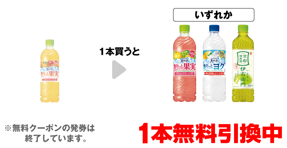 「サントリー 天然水 きりっと果実 600ml」を1本買うと、「サントリー 天然水 きりっと果実 グレープフルーツ 600ml」「サントリー 天然水 きりっとヨグ 590ml」「サントリー 緑茶 伊右衛門 600ml」いずれか1本無料引換中 ※無料クーポンの発券は終了しています。