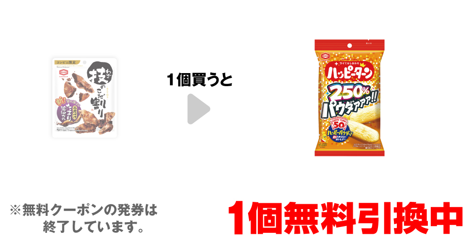 「亀田 技のこだ割り たまり醤油だれ」を1個買うと、「亀田 パウダー250％ ハッピーターン」1個無料引換中 ※無料クーポンの発券は終了しています。