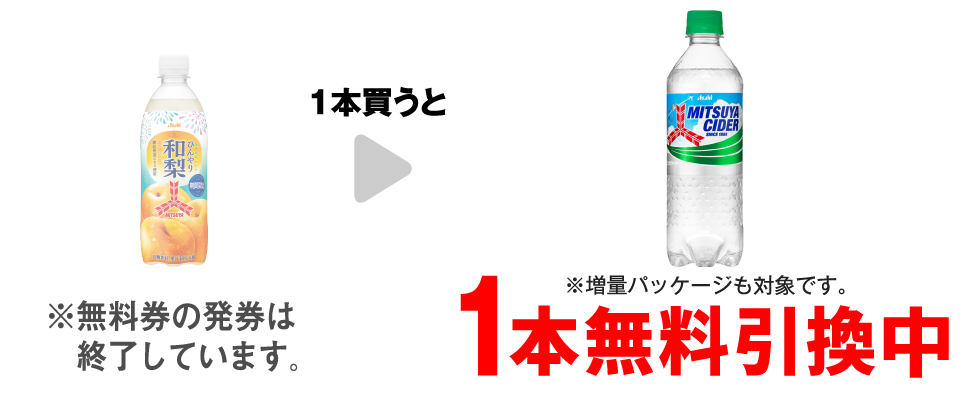 「アサヒ 三ツ矢 ひんやり和梨 500ml」を1本買うと、「三ツ矢サイダー 500ml※増量パッケージも対象です。」1本無料引換中 ※無料券の発券は終了しています。