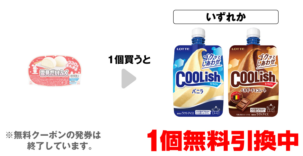「ロッテ 雪見だいふく」を1個買うと、「ロッテ クーリッシュ バニラ」「ロッテ クーリッシュ ベルギーチョコレート」いずれか1個無料引換中 ※無料クーポンの発券は終了しています。