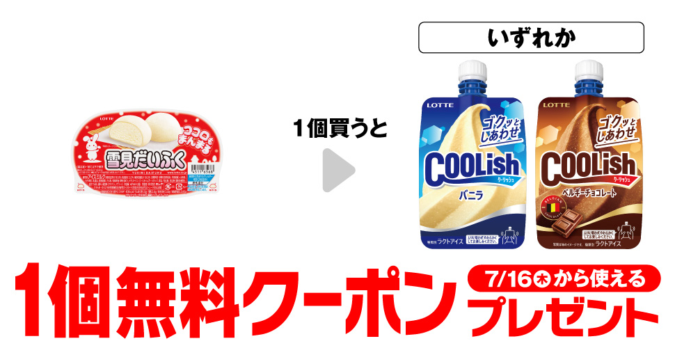 ロッテ 雪見だいふくを1個買うと、ロッテ クーリッシュ各種いずれかが1個無料。