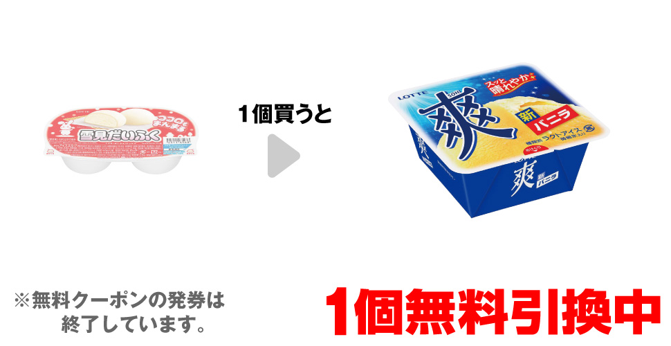 「ロッテ 雪見だいふく」を1個買うと、「ロッテ 爽 バニラ」1個無料引換中 ※無料クーポンの発券は終了しています。