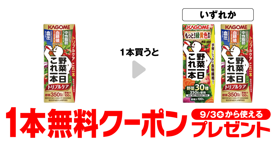 カゴメ 野菜一日これ一本 トリプルケア 200mlを1本買うと、カゴメ 野菜一日これ一本 200ml・トリプルケア 200mlのいずれか1本が無料。