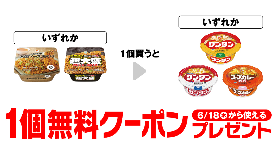 セブンプレミアム 大盛ソース焼そば各種いずれかを1個買うと、ミニワンタン各種いずれかが1個無料。