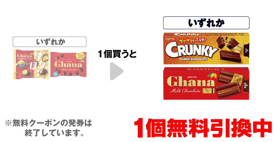 「ロッテ ザクほろ発酵バターシュー ポップジョイ」「ロッテ ガーナ ポップジョイ」いずれか1個買うと、「ロッテ クランキー スリムパック」「ロッテ ガーナ スリムパック」いずれか1個無料引換中 ※無料クーポンの発券は終了しています。