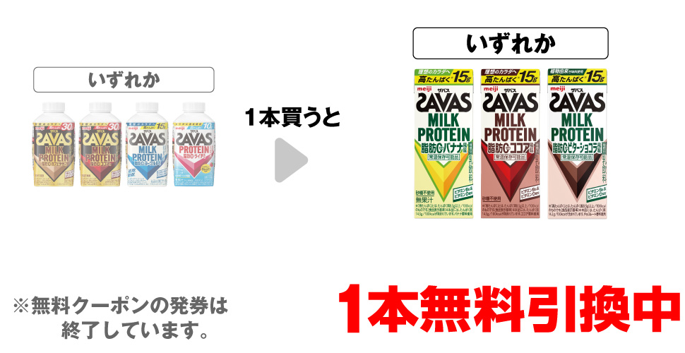 「ザバス ミルクプロテイン 脂肪0 カフェラテ風味」「ザバス ミルクプロテイン 脂肪0 ココア風味」「ザバス ミルクプロテイン 脂肪0 ヨーグルト風味」「ザバス プロテイン 脂肪0 ライチ風味」いずれか1本買うと、「ザバスミルクプロテイン バナナ 200ml」「ザバスミルクプロテイン ココア風味 200ml」「ザバスミルクプロテイン ビターショコラ 200ml」いずれか1本無料引換中 ※無料クーポンの発券は終了しています。