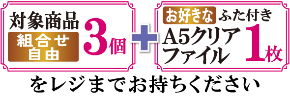 対象商品（組合せ自由）3個とお好きなふた付きA5クリアファイル1枚をレジまでお持ちください