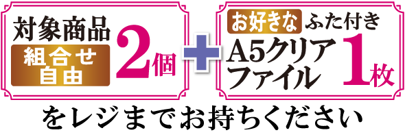 対象商品（組合せ自由）2個とお好きなふた付きA5クリアファイル1枚をレジまでお持ちください