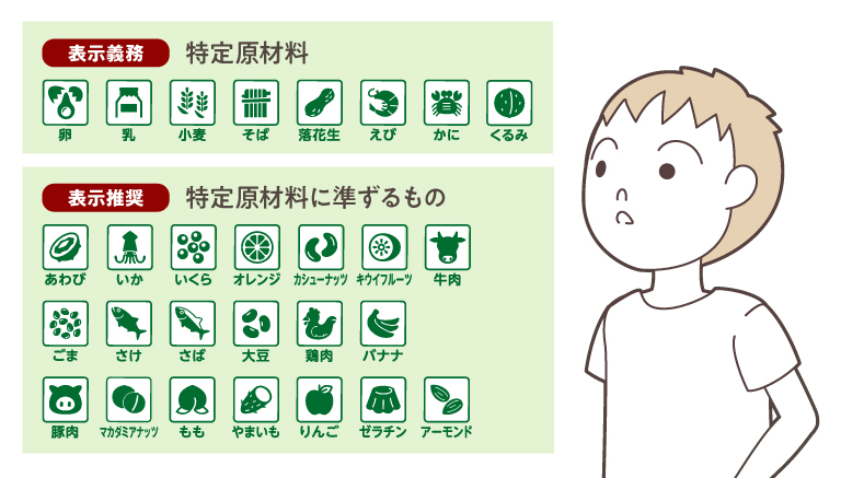 	表示義務：特定原材料 卵、乳、 小麦、そば、落花生、えび、かに、くるみ 表示推奨：特定原材料に準ずるもの あわび、いか、いくら、オレンジ、カシューナッツ、キウイフルーツ、牛肉、ごま、さけ、さば、大豆、鶏肉、バナナ、豚肉、マカダミアナッツ、もも、やまいも、りんご、ゼラチン、アーモンド
