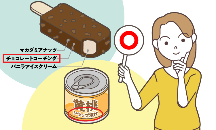 チョコアイス(チョコレートコーチングされたもの)と黄桃シラップ漬けの缶詰のイラスト