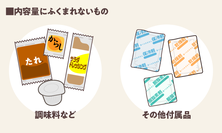 ■内容量にふくまれないもの 調味料など(たれ・からし・サラダドレッシング・コーヒークリーム) その他付属品(保冷剤・乾燥剤・脱酸素剤)