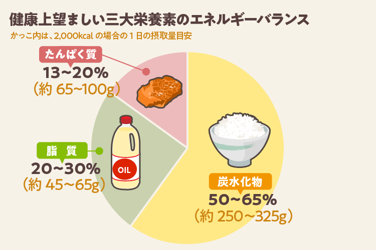 健康上望ましい三大栄養素のエネルギーバランス かっこ内は、2,000kcalの場合の1日の摂取量目安 たんぱく質13〜20%（約65〜100g）、脂質20〜30%（約45〜65g）、炭水化物50〜65%（約250〜325g）