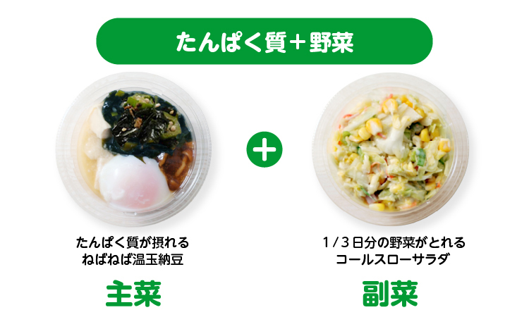 主菜：たんぱく質が摂れる ねばねば温玉納豆（たんぱく質＆発酵食品）＋ 副菜：1/3日分の野菜がとれるコールスローサラダ（野菜）