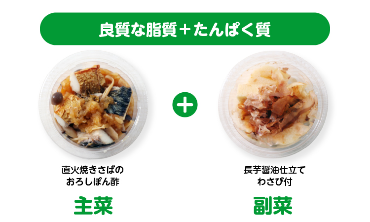 主菜：直火焼きさばのおろしぽん酢（良質な脂質&たんぱく質）＋ 副菜：長芋醤油仕立て わさび付