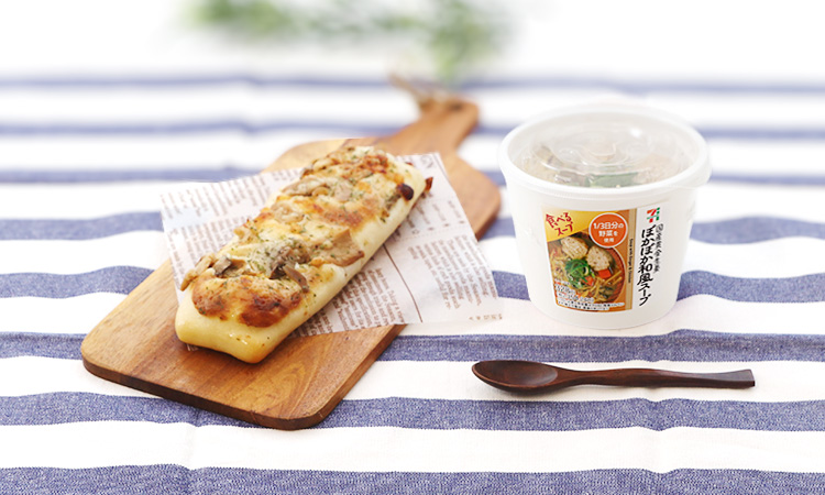 エリンギと舞茸のこんがりチーズスティックと国産黄金生姜 ぽかぽか和風スープ盛り付けイメージ