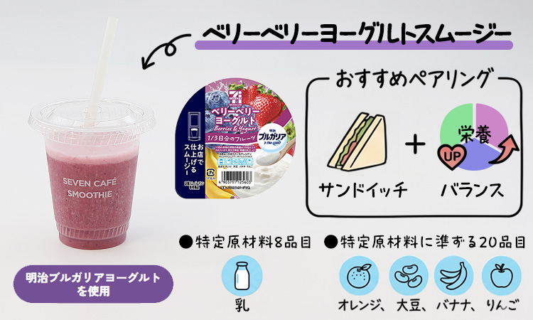 ベリーベリーヨーグルトスムージー 明治ブルガリアヨーグルトを使用 おすすめペアリング サンドイッチ+バランス 特定原材料8品目:乳 特定原材料に準ずる20品目:オレンジ、大豆、バナナ、りんご