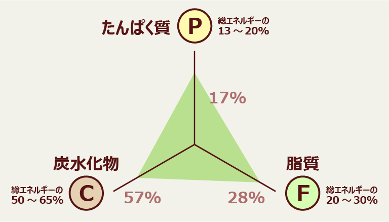 たんぱく質（P）17% 脂質（F）28% 炭水化物（C）57%
