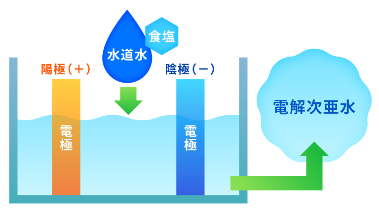 水道水 食塩 → 陽極（+） 陰極（-） → 電解次亜水