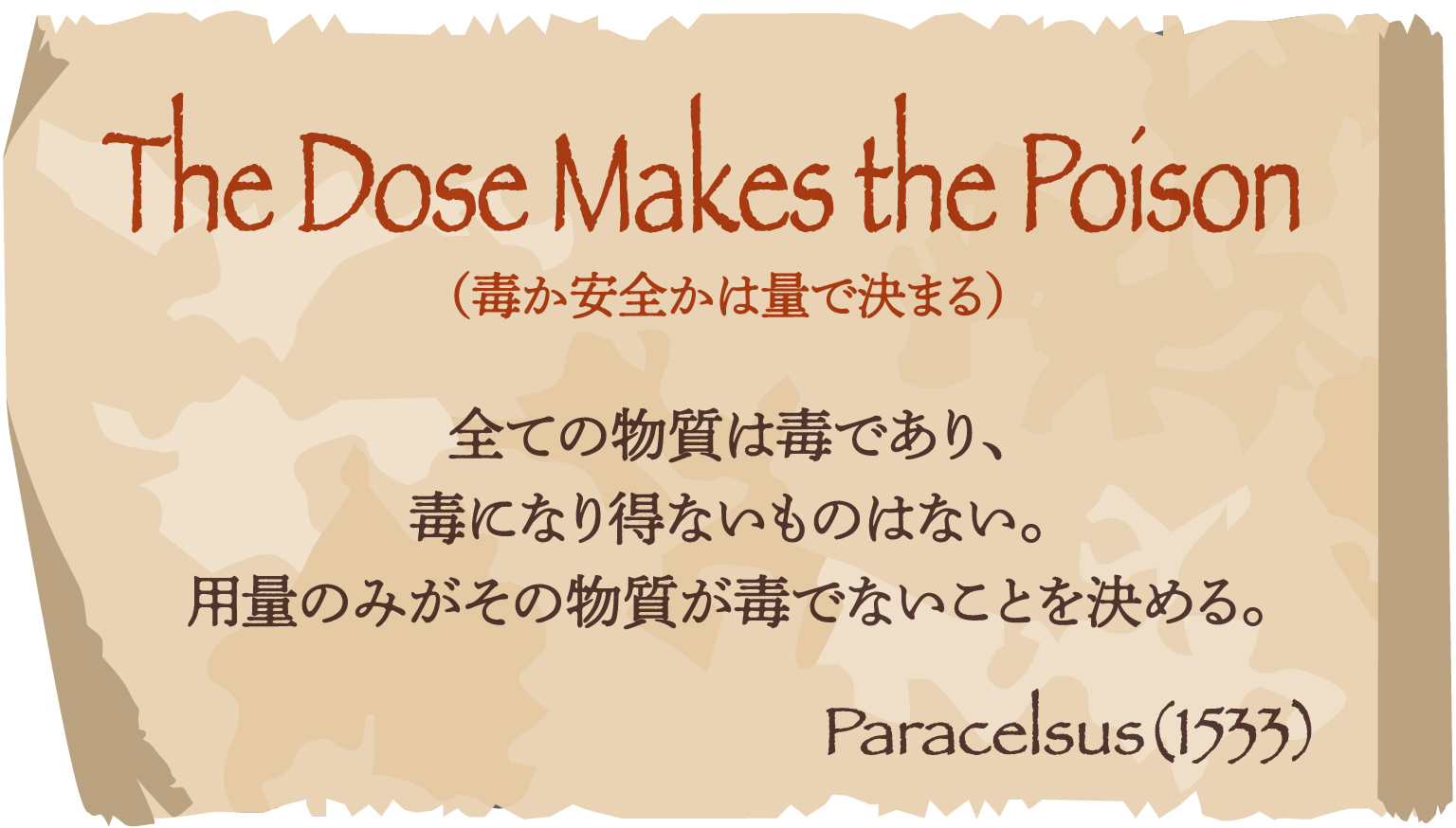 The Dose Makes the Poison （毒か安全かは量で決まる） 全ての物質は毒であり、毒になり得ないものはない。用量のみがその物質が毒でないことを決める。Paracelsus（1533）