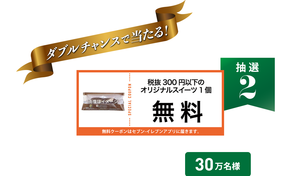 ダブルチャンスで当たる！ 応募期間：9/20（月）～12/25（土） 抽選2 オリジナルスイーツ 1個無料クーポン 30万名様